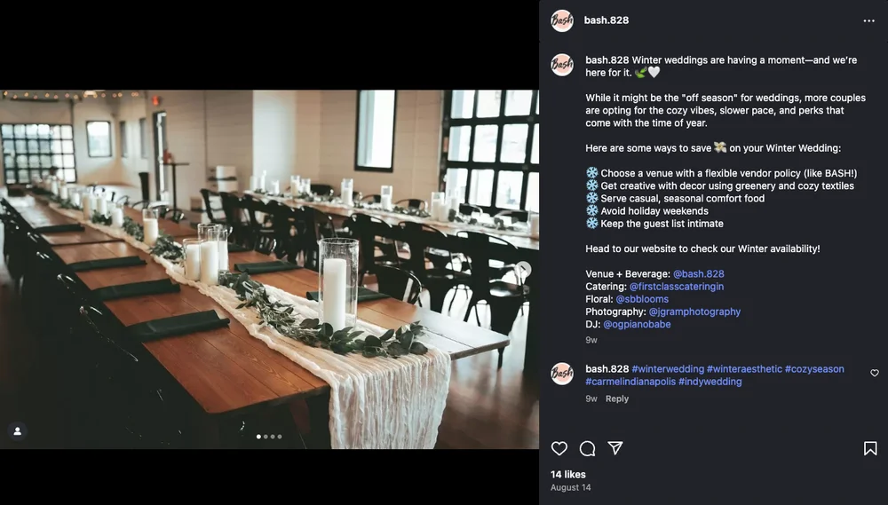 Bash instagram post of a reception set up with wooden tables with white table runner, candles and greenery. Perfect set up for a celebration of life dinner.