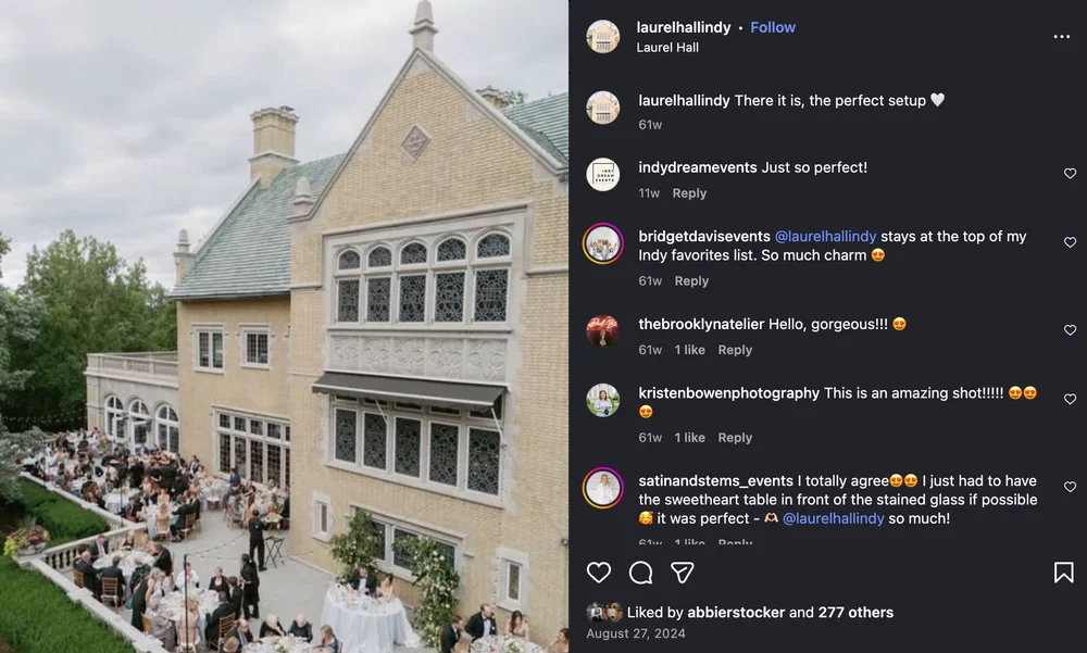 Historic Laurel Hall in Indianapolis with outdoor garden area prepared for a wedding reception