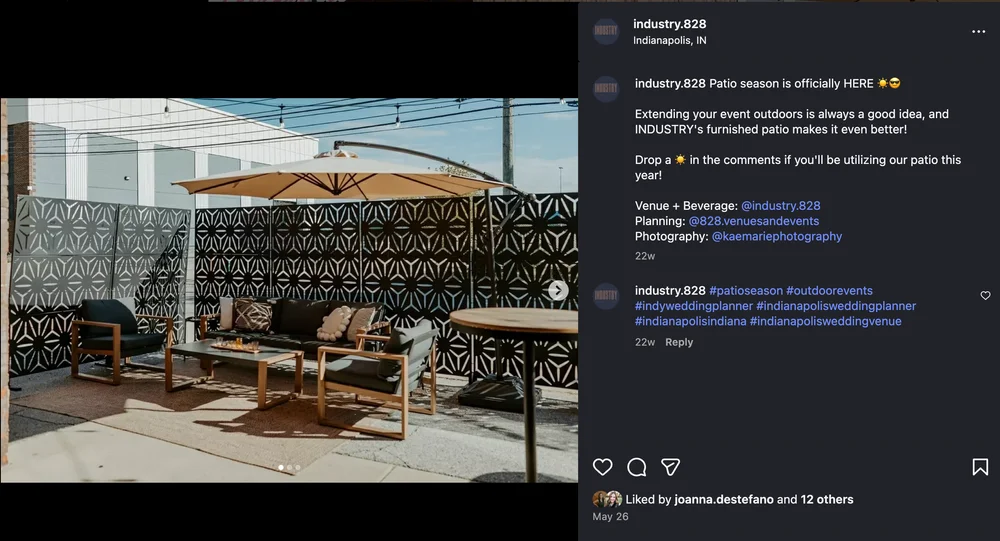 Outdoor patio at Industry in Indianapolis set up for a wedding ceremony