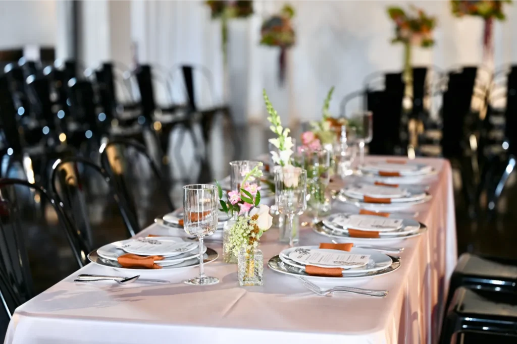 Elegant wedding tablescape set up at Radius event venue in downtown Indianapolis Indiana
