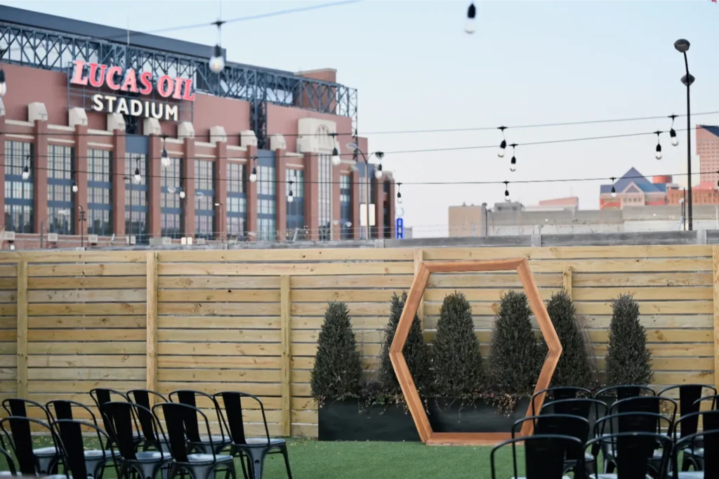 Outdoor wedding reception on the lawn at Radius in downtown Indianapolis, IN.