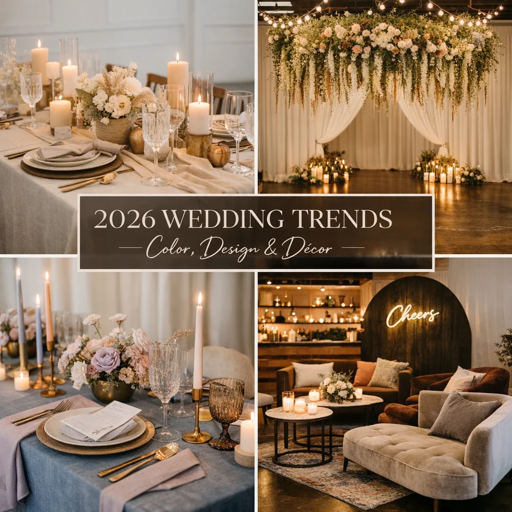 Collage showcasing 2026 wedding trends including modern décor, layered textures, and intentional design at Indianapolis wedding venues