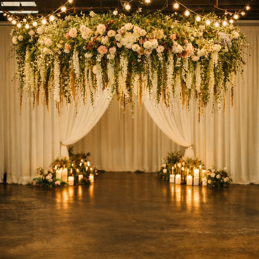 Wedding ceremony with dramatic draping and a large overhead floral installation at Radius Indianapolis