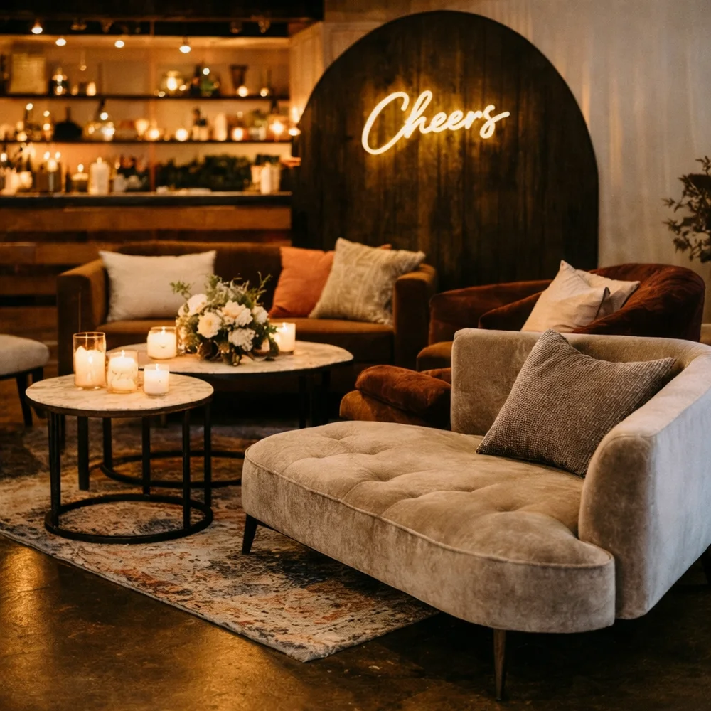 Wedding lounge area with soft seating, a wood backdrop, and a glowing neon sign
