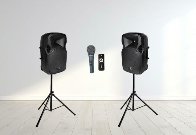 In-house speaker and microphone rental setup at Radius Venue Indianapolis