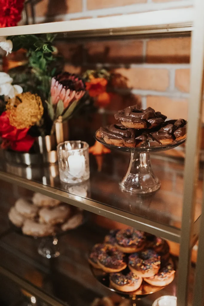 Donut wall wedding display at Radius venue in Indianapolis IN — 2026 wedding cake alternative