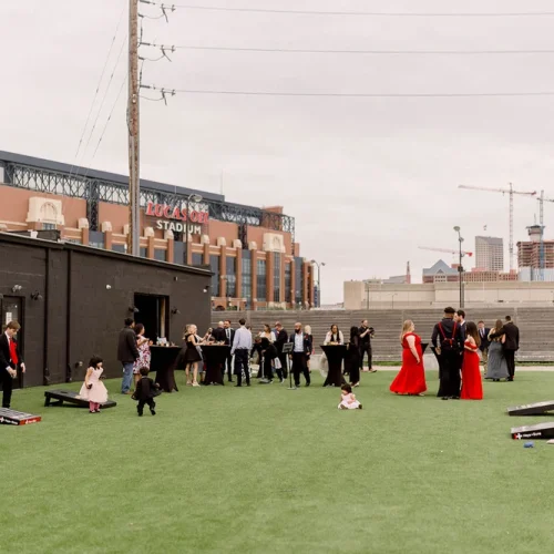 Cocktail hour outside at Radius in downtown Indianapolis